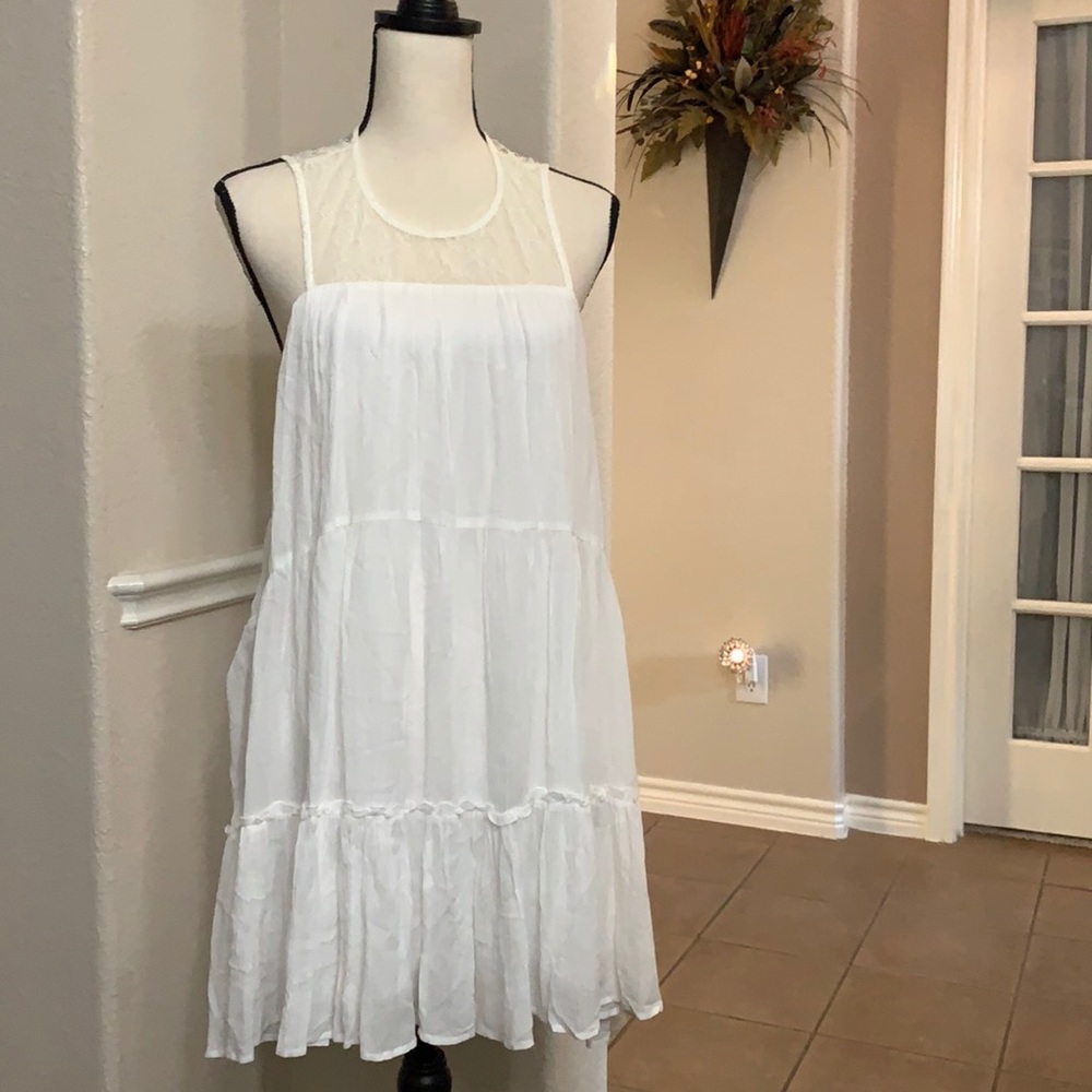 En Creme white layered ruffle and lace midi dress MED